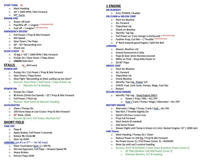 Private pilot checkride cheat sheet